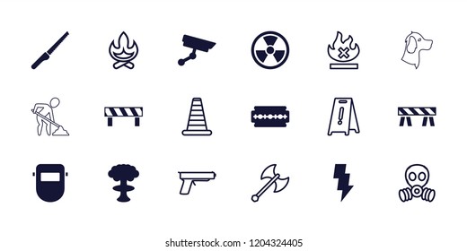 Danger icon. collection of 18 danger filled and outline icons such as security camera, cone barrier, wet floor, radiation. editable danger icons for web and mobile.