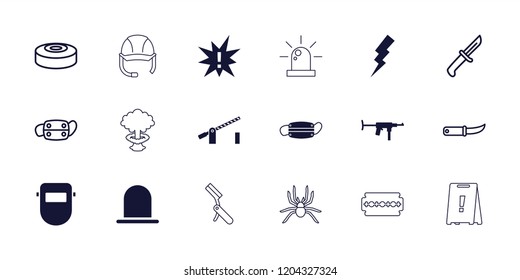 Danger icon. collection of 18 danger filled and outline icons such as siren, flash, medical mask, submachine gun, exclamation. editable danger icons for web and mobile.