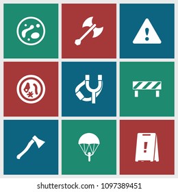 Danger icon. collection of 9 danger filled icons such as parachute, warning, axe weapon, microorganism, barrier, wet floor. editable danger icons for web and mobile.