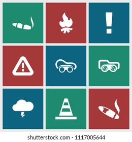 Danger icon. collection of 9 danger filled icons such as cigarette, cone, welding glasses, thunder, warning, bonfire. editable danger icons for web and mobile.