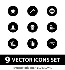 Danger icon. collection of 9 danger filled icons such as stop, dynamite, skull, axe weapon, submachine gun, exclamation, cone. editable danger icons for web and mobile.