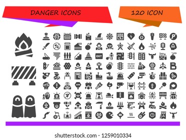  danger icon set. 120 filled danger icons. Simple modern icons about  - Bonfire, Fins, Barrier, Snake, Alarm, Fuse box, Seat belt, Cigarettes, Shark, Spider web, Earthquake, Defibrillator