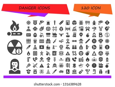 danger icon set. 120 filled danger icons.  Simple modern icons about  - Bonfire, Teleoperator, Alert, Spider web, Jolly roger, Cctv, Siren, Weapons, Bullet, Death penalty, Skull