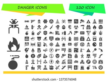 danger icon set. 120 filled danger icons.  Simple modern icons about  - Parasite, Bomb, Fire, Seat belt, Gun, Bonfire, Revolver, Radioactive, Cone, Spider, Flea, Fuse, Cctv, Barrier