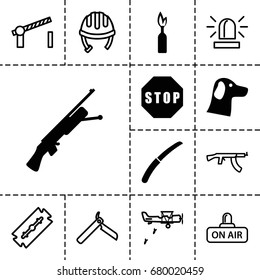 Danger icon. set of 13 filled and outline danger icons such as gardening knife, stop, dynamite, submachine gun, helmet, razor, bllade razor, siren, open air, road barrier
