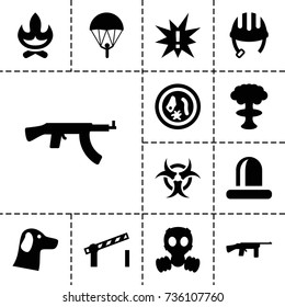 Danger icon. set of 13 filled danger icons such as helmet, siren, road barrier, hazzard, gas mask, submachine gun, microorganism, exclamation, nuclear explosion, parachute