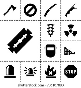 Danger icon. set of 13 filled danger icons such as razor, siren, welder mask, gardening knife, no fire, traffic light, stop, radiation, axe weapon, submachine gun