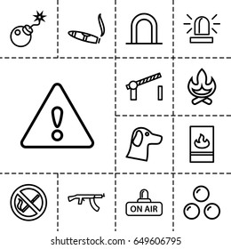 Danger icon. set of 13 outline danger icons such as siren, cigarette, open air, bomb, fire protection, road barrier, warning, canon ball, submachine gun, no smoking, wolf