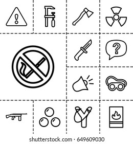 Danger icon. set of 13 outline danger icons such as welding glasses, chainsaw, fire protection, siren, warning, radiation, axe weapon, canon ball, knife, submachine gun