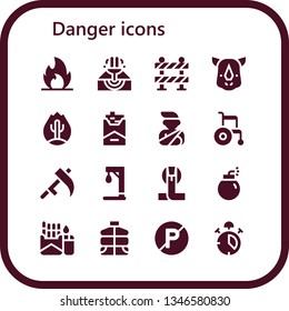danger icon set. 16 filled danger icons.  Simple modern icons about  - Fire, Eruption, Barrier, Rhino, Cigarette, Accident, Wheelchair, Scythe, Gallow, Cobra, Bomb, Vest, No parking