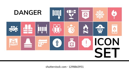  danger icon set. 19 filled danger icons. Simple modern icons about  - Hose, Damage, Pirate, Cone, Gun, Traffic signal, Toxic, Spam, Vest, Malware, Alarm, Bonfire, Fire, Bomb