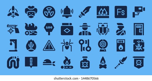 danger icon set. 32 filled danger icons. on blue background style Simple modern icons about  - Wind, Gun, Gallow, Snake, Bandit, Campfire, Fire, Alert, Radioactive, Road sign