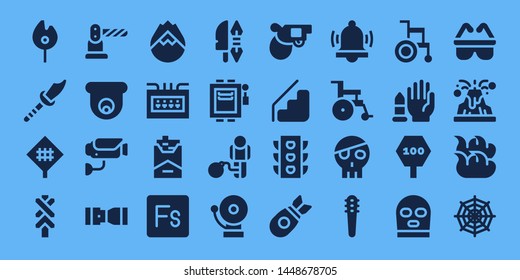 danger icon set. 32 filled danger icons. on blue background style Collection Of - Match, Weapon, Road sign, Barrier, Cctv, Surveillance, Seat belt, Forest fire, Fuse box, Cigarette