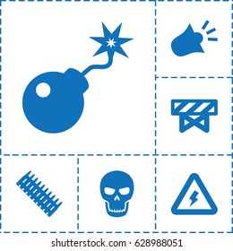 Danger icon. set of 6 danger filled icons such as barrier, bomb, siren, voltage warning, skull