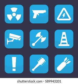 danger icon. Set of 9 filled danger icons such as cone barrier, voltage warning, security camera, rocket bomb, radiation, axe weapon, mace, gun
