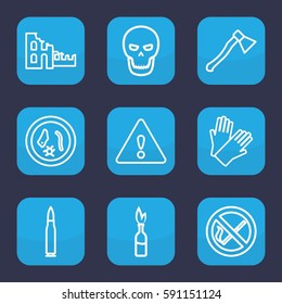 danger icon. Set of 9 outline danger icons such as gloves, warning, skull, axe weapon, bullet, dynamite, broken house, no smoking