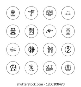Danger icon set. collection of 16 outline danger icons with burglar, cave, cigarettes, detective, flash, eruption, gun, malware, revolver, shark, road sign, sos, wind icons.