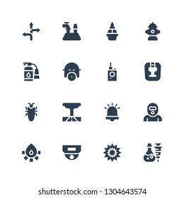 danger icon set. Collection of 16 filled danger icons included Poison, Explosion, Cctv, Fire, Burglar, Alarm, Tornado, Cockroach, Headgear, Bug detector, Gas mask, Extinguisher