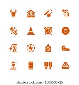 danger icon set. Collection of 16 filled danger icons included Flood, Fins, Emergency call, Pirate, Crocodile, Poison, Bolt, Scratching, Stop, Alarm, Cone, Bomb, Ear protection