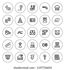 Danger icon set. collection of 25 outline danger icons with angler, boar, blinder, carnivorous plant, cctv, cigarettes, cone, disaster, detective, exit icons. editable icons.