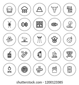 Danger icon set. collection of 25 outline danger icons with belt, bomb, bonfire, bull skull, cigarettes, centipede, dynamite, extinguisher, earthquake icons. editable icons.