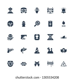 danger icon set. Collection of 25 filled danger icons included Bolt, Hose, Pistol, Jenga, Headgear, Pirate hat, Traffic cone, Shark, Gun, Volcano, Bodyguard, Bonfire, Fire, Error