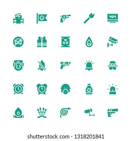 danger icon set. Collection of 25 filled danger icons included Gun, Cctv, Hose, Weapons, Fire, Siren, Poison, Gas mask, Alarm, Detective, Headgear, Nuclear, Vest, No parking, Error