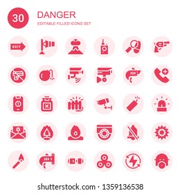 danger icon set. Collection of 30 filled danger icons included Exit, Windsock, Volcano, Bug detector, Detective, No weapons, Bomb, Cctv, Shark, Warning, Poison, Fist, Dynamite