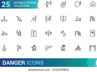 Conjunto de iconos de peligro. Iconos de línea colecciones, precaución, icono de peligro biológico químico. Signo de trazo editable de línea delgada. Colección de iconos lineales. Ilustración vectorial.