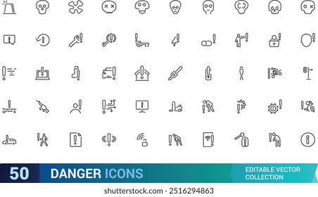 Conjunto de iconos de peligro. Iconos de línea colecciones, precaución, icono de peligro biológico químico. Signo de trazo editable de línea delgada. Colección de iconos lineales. Ilustración vectorial.