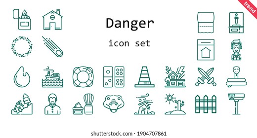 danger icon set. line icon style. danger related icons such as shaving brush, crocodile, storm, marshall, snake, swords, lifesaver, lighter, hurricane, cctv, landslide, cone, asteroid, home, sword