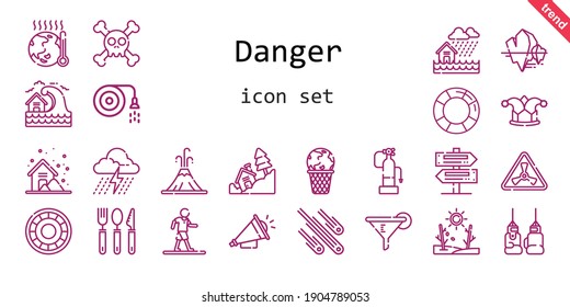 danger icon set. line icon style. danger related icons such as shield, meteorites, fire extinguisher, storm, cutlery, lifesaver, hose, landslide, flood, filter, tsunami, global warming, signs