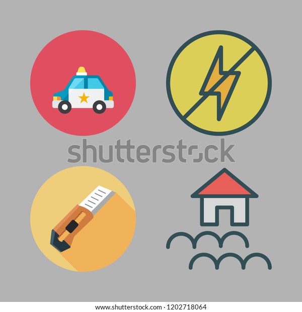 danger icon set. vector set about police car,\
flood, flash and cutter icons\
set.