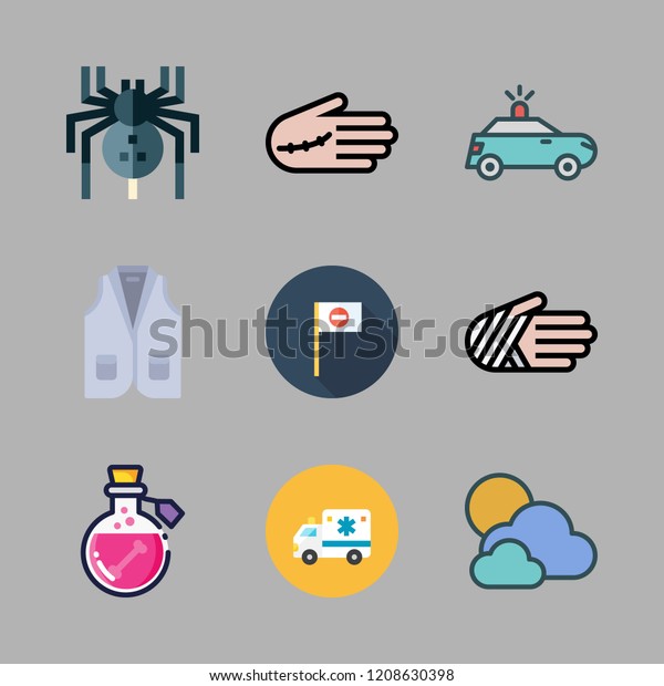 danger icon set. vector set about police car,\
injury, poison and vest icons\
set.