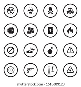 Danger Icons. Black Flat Design In Circle. Vector Illustration.