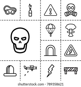 Danger icons. set of 13 editable outline danger icons such as siren, flash, welding glasses, parachute, nuclear explosion, warning, voltage warning, skull, gas mask