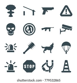 Danger icons. set of 16 editable filled danger icons such as barrier, cone barrier, siren, microorganism, nuclear explosion, stop, security camera, skull, mace, gun