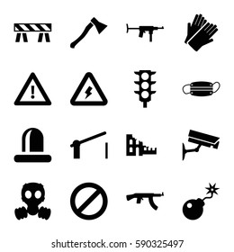 danger icons set. Set of 16 danger filled icons such as gloves, barrier, warning, siren, traffic light, prohibited, bomb, medical mask, voltage warning, security camera