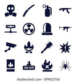 danger icons set. Set of 16 danger filled icons such as spider, gardening knife, no fire, open air, fire protection, siren, security camera, dynamite, mace, gas mask