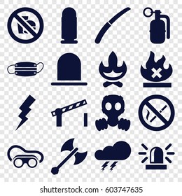 Danger icons set. set of 16 danger filled icons such as thunder, siren, flash, welding glasses, gardening knife, no fire, medical mask, road barrier, no smoking, no fast food