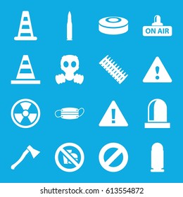 Danger icons set. set of 16 danger filled icons such as cone barrier, cone, open air, medical mask, siren, warning, no fast food, smoke bomb, axe weapon, gas mask, bullet