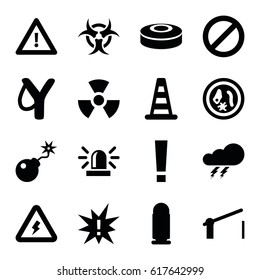 Danger icons set. set of 16 danger filled icons such as cone barrier, thunder, siren, warning, prohibited, bomb, barrier, voltage warning, radiation, hazzard, smoke bomb
