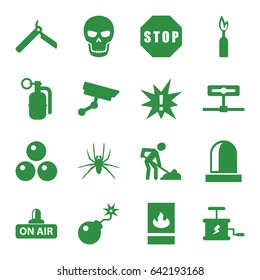 Danger icons set. set of 16 danger filled icons such as spider, bllade razor, digging man, open air, bomb, fire protection, siren, stop, security camera, dynamite, skull