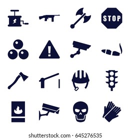 Danger icons set. set of 16 danger filled icons such as helmet, cigarette, gloves, traffic light, barrier, fire protection, stop, security camera, dynamite, skull, axe weapon