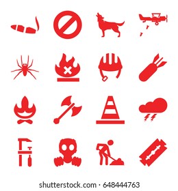 Danger icons set. set of 16 danger filled icons such as spider, wolf, thunder, helmet, razor, cigarette, cone, chainsaw, digging man, no fire, rocket bomb, axe weapon