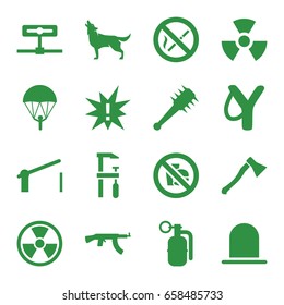 Danger icons set. set of 16 danger filled icons such as wolf, siren, chainsaw, barrier, no smoking, no fast food, dynamite, radiation, mace, axe weapon, submachine gun