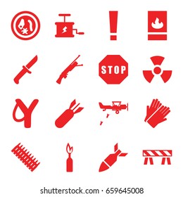 Danger icons set. set of 16 danger filled icons such as gloves, barrier, fire protection, stop, rocket bomb, dynamite, radiation, knife, ammo, military plane, submachine gun