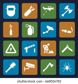 Danger icons set. set of 16 danger filled icons such as spider, bllade razor, security camera, cigarette, digging man, welder mask, road barrier, voltage warning