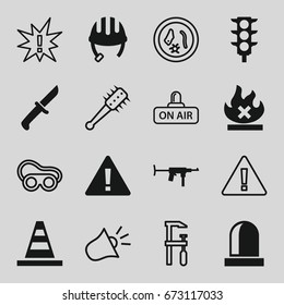 Danger icons set. set of 16 danger filled and outline icons such as helmet, cone, no fire, traffic light, siren, knife, submachine gun, welding glasses, chainsaw, open air