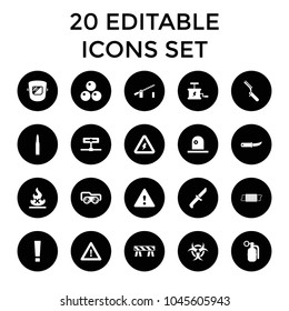 Danger icons. set of 20 editable filled danger icons such as barrier, gardening knife, warning, camera, exclamation point. best quality danger elements in trendy style.